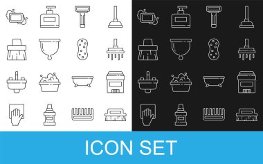 Temizlik için sıra fırçası, terleme önleyici deodorant, duş başlığı tıraş bıçağı, tıraş bıçağı, süpürge, sabun ve sünger ikonu. Vektör