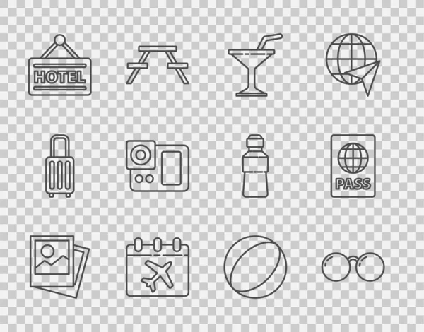 设置线照片 马丁尼玻璃 日历和飞机 标牌与文字酒店 海滩球和护照图标 — 图库矢量图片