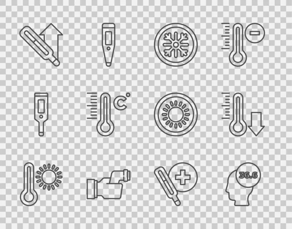 Set Line Meteorologie Thermometer Medizin Schneeflocke Überprüfung Der Körpertemperatur Und — Stockvektor