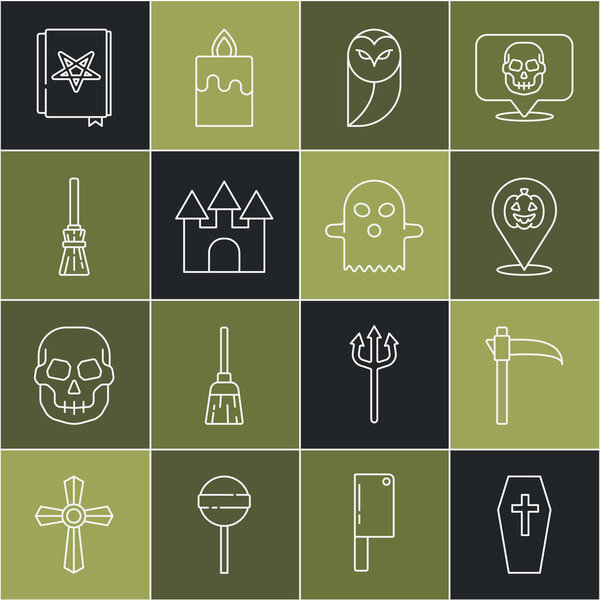 Set line Coffin with cross, Scythe, Pumpkin, Owl, Castle, Witches broom, Ancient magic book and Ghost icon. Vector
