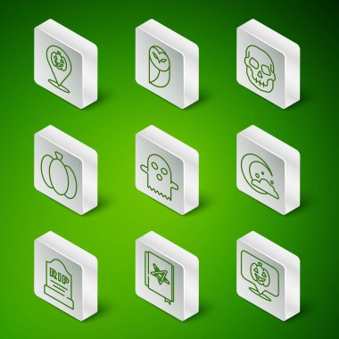 Set hattı, Balkabağı, Antik büyü kitabı, Hayalet, Baykuş, Rip yazılı Tombstone ve Ay ve yıldız ikonu. Vektör