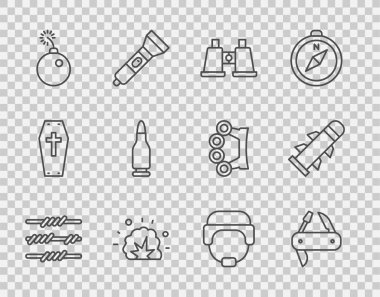 Dikenli tel, İsviçre çakısı, dürbün, patlamaya hazır bomba, kurşun, askeri miğfer ve roket ikonu. Vektör