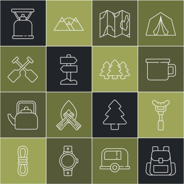 Sırt çantası, çatalda sosis, kamp metal kupası, orman haritasının konumu, trafik levhası direği, kürek, gaz sobası ve orman ikonu. Vektör