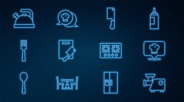 Mutfak kıyma makinesi, konumu olan şef şapkası, et helikopteri, kesme tahtası, çatal, su ısıtıcısı, gaz sobası ve konuşma balonu ikonu. Vektör