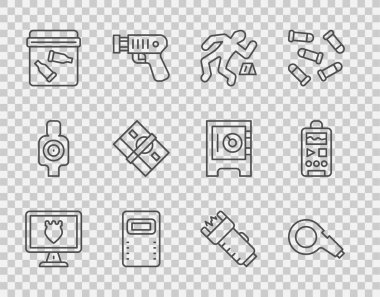 Polis veritabanı, ıslık, suç mahalli, saldırı kalkanı, kurşun dolu kanıt torbası, kağıt para yığını, elektrik şoku ve diktafon ikonu. Vektör