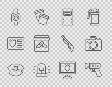 Hat polis şapkası papağan, elektrik şoku, saldırı kalkanı, Flasher sirenleri, atış için insan hedef sporu, kanıt çantası tabancası, veritabanı ve fotoğraf makinesi ikonu. Vektör