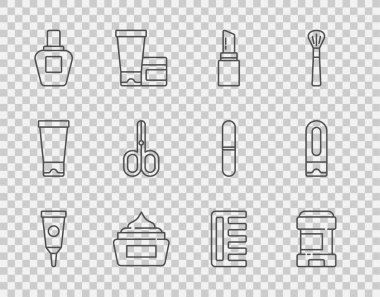 Krem veya losyon kozmetik tüpü, terleme önleyici deodorant rulo, ruj, parfüm, makas, saç fırçası ve şampuan ikonu. Vektör