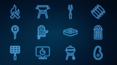 Biftek, tuz, barbekü çatalı, fırın eldiveni, mutfak termometresi, kamp ateşi ve ızgara ikonu. Vektör