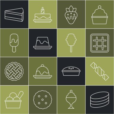 Brownie çikolatalı pasta, Candy, Waffle, Strawberry in, Pudding Muhallebi, Dondurma, Pamuk Şeker ikonu. Vektör