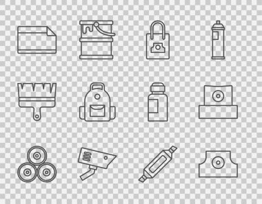 Boya spreyi kutusu, sprey başlık, güvenlik kamerası, yapıştırıcı yapıştırıcı, okul çantası, kalem ve simge. Vektör