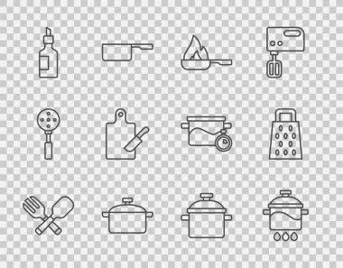 Çizgi, çatal, kaşık, tencere, kızartma tavası, bir şişe zeytinyağı, kesme tahtası bıçağı ve rende ikonu. Vektör