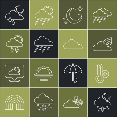 Çizgiyi kar ve güneş ile belirleyin, Meteoroloji termometresi, Gökkuşağı bulutları, ay yıldızları, yağmur, fırtına, ay ve ikon. Vektör