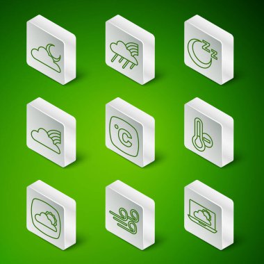 Meteoroloji termometre ikonu, hava durumu, ay, gökkuşağı bulutları ve gökkuşağı bulutları ile bulutlu bulutlar. Vektör