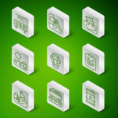 Varil yağı, Kömür treni vagonu, güneş enerjisi paneli, yüz koruma maskesi, kuraklık, atık su, okyanus kirliliği ve küresel ısınma ikonu. Vektör