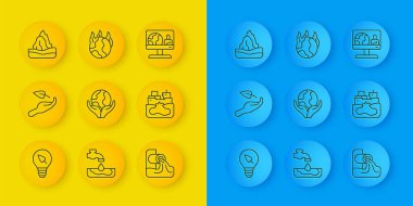 Hat ampulü yaprak, filizlenme elimizde, Dünya 'yı tutan el, atık su, enkaz petrol tankeri gemisi, Iceberg, hava tahmini ve küresel ısınma ikonu. Vektör