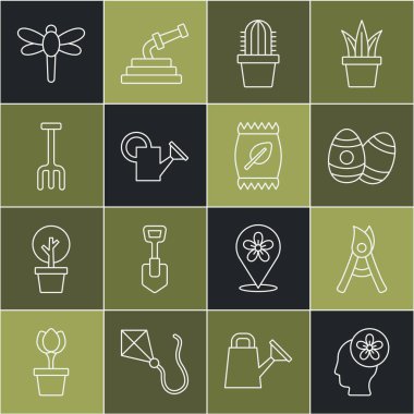İçinde çiçek olan insan kafası, bahçe makası, Paskalya yumurtası kaktüs peyote tenceresi, su kabı, tırmık, yusufçuk ve gübre torbası ikonu. Vektör