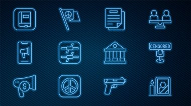 Yaslı fotoğraf çerçevesi, sansürlü pul, döküman, dikenli tel, protesto, hukuk kitabı, adliye binası ve barış simgesi. Vektör