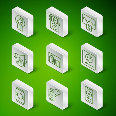 Satır müziği çalar, Stereo hoparlörü, kare çal, sentezleyici, hoparlör sesi, bira kutusu ve ikon. Vektör