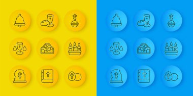 Mezar taşı, Hıristiyan kadehi, Lekeli cam, Paskalya yumurtası, yanan mum şamdanı, kilise çanı, haç ve kadeh ekmek ikonu. Vektör