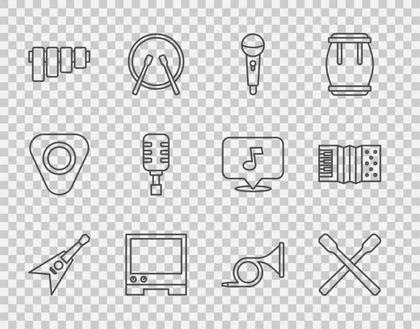 Set Line Bajo Eléctrico Palos Batería Micrófono Asistente Voz Flauta — Archivo Imágenes Vectoriales