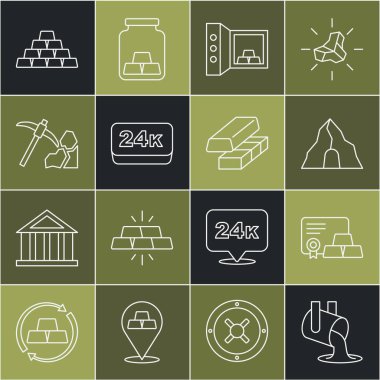 Erimiş altın dökülüyor, sertifikalı altın külçeleri, maden, kasa, 24 bin, madencilik ve para ikonu. Vektör