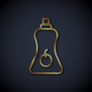 Altın çizgili sos şişesi simgesi siyah arka planda izole edilmiş. Ketçap, hardal ve fast food için soslu mayonez şişeleri. Vektör.