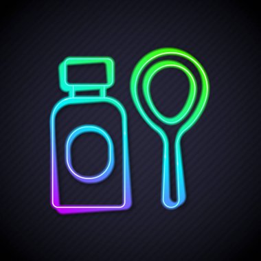 Parlayan neon hattı sabun köpükleri şişe ikonu siyah arka planda izole edildi. Köpüren sabun çubuğu şişesi. Vektör