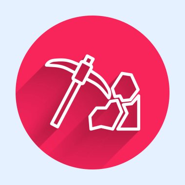 Beyaz çizgi altın madenciliği ikonu uzun gölge arkaplan izole. Kırmızı daire düğmesi. Vektör