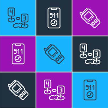 Olay yeri işaretleyicisi, telsiz ve telefon 911 ikonunu arayın. Vektör