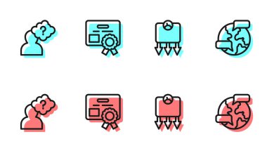 Çizgi Ağırlık kaybını, soru işaretli kafayı, sertifika şablonunu ve dünya çapında simgeyi ayarla. Vektör