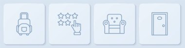 Bavul, Kol Sandalyesi, Yıldızlar ve Otel Kapısı. Beyaz kare düğme. Vektör