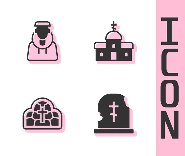 Set Tumba Con Lápida Monje Vidrieras Icono Iglesia Vector — Vector de stock