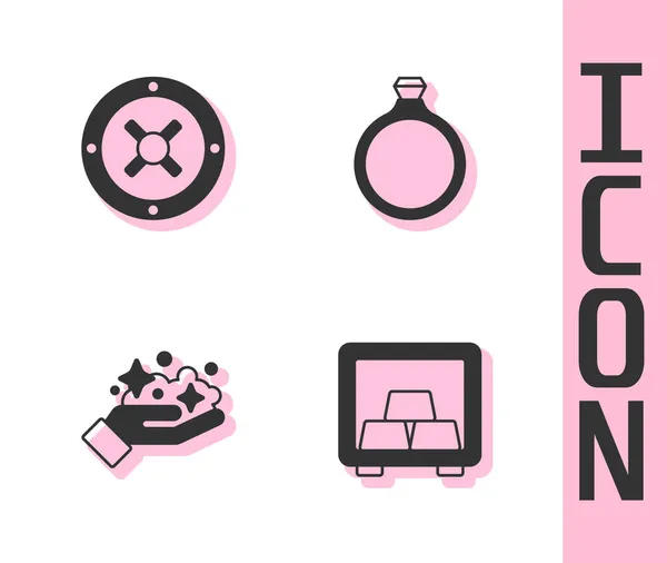 Set Veilig Met Goudstaven Goudmijn Ring Pictogram Vector — Stockvector