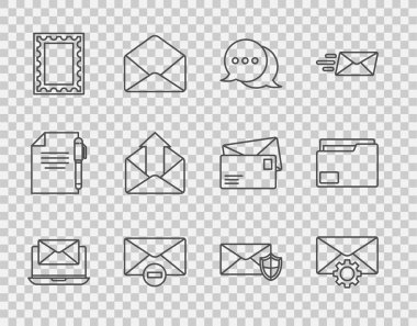 Satır dizüstünü zarf, Zarf ayarı, Konuşma balonu sohbeti, Sil, Posta damgası, Giden posta, Kalkan ve Belge klasörü simgesi ile ayarla. Vektör