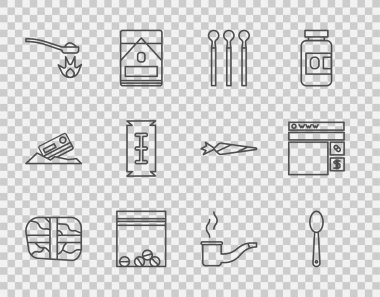 Kokain, eroin kaşığı, kibrit, plastik uyuşturucu torbası, tıraş bıçağı, tüttürme piposu ve internetten uyuşturucu alma ikonu. Vektör