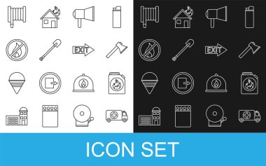 Ambulans ve acil durum arabası, yanıcı sıvılar için teneke kutu, itfaiyeci baltası, megafon, kürek, yangın yok, hortum makarası ve çıkış ikonu. Vektör