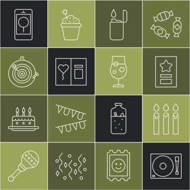 Vinil diskli vinil çalar, doğum günü pastası mumları, tebrik kartı, Çakmak, Klasik dart tahtası oku, mobil doğum günü mesajı ve Cocktail alkol ikonu. Vektör