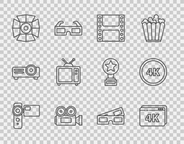 Set line Cinema camera, Online play video with 4k, Play Video, Movie spotları, Retro TV, 3D sinema gözlükleri ve Ultra HD ikonu. Vektör
