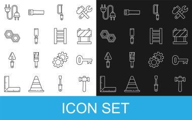 Hat çekiç, eski anahtar, yol bariyeri, demir testeresi, Rasp metal dosyası, altıgen fındık, elektrik prizi ve tahta merdiven simgesi. Vektör