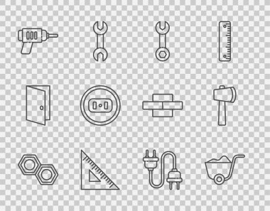 Hat altı köşeli metal fındık, kürek, anahtarlık, üçgen cetvel, elektrikli matkap, elektrik prizi, fiş ve tahta balta ikonu. Vektör