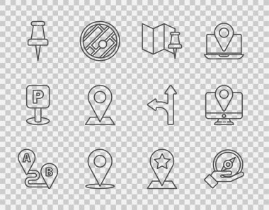 Satır güzergahı konumu, pusula, pimi, konumu, itme, harita işaretleyici yıldızı ve monitör işaretleyici simgesi ile katlanmış harita ayarla. Vektör