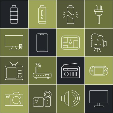 Hat bilgisayar monitörü ekranı, taşınabilir video oyun konsolu, Retro sinema kamerası, bozuk pil, akıllı telefon, cep telefonu, TV, batarya şarj seviyesi göstergesi ve harita simgesi olan GPS aygıtını ayarla. Vektör