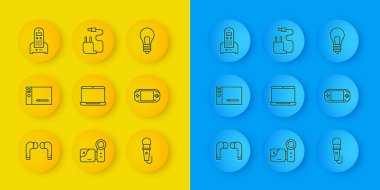 Hat hava kulaklıkları, grafiksel tablet, dizüstü bilgisayar, mikrofon, taşınabilir video oyun konsolu, telefon, fikir ve şarj ikonu konseptli ampul. Vektör