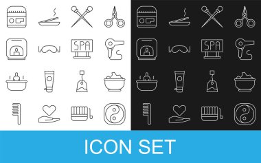 Hat Yin Yang, deniz tuzu kasesi, saç kurutma makinesi, örgü iğneleri, göz maskesi, Aroma lambası, krem veya losyon kozmetik tüp ve Spa salonu tabela ikonu. Vektör