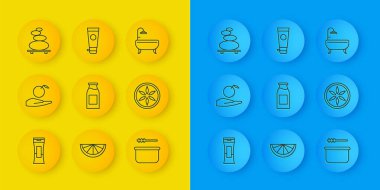 Şampuan şişesi, eldeki elma, süt, sauna kovası kepçesi, yaprak bitkisi doğası, sıcak taşlar, küvet ve krem ya da kozmetik tüp ikonu. Vektör