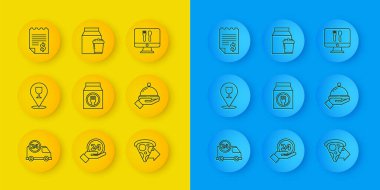 Hızlı teslimatı arabayla, alkolle ya da birayla internetten sipariş vererek ve pizza sipariş ederek, tepsiyle, kağıt para çekiyle ve ikonla kaplanarak yapın. Vektör