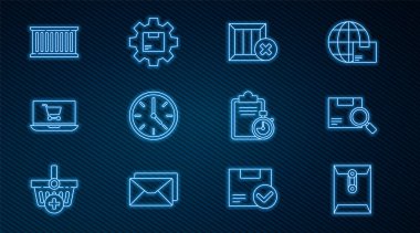 Satır Zarfı, Arama Paketi, tahta kutu ve silme, Saat, Alışveriş arabası dizüstü bilgisayarda, konteynır, dağıtım listesi panosunun doğrulanması ve ikonlu dişli tekerlek. Vektör