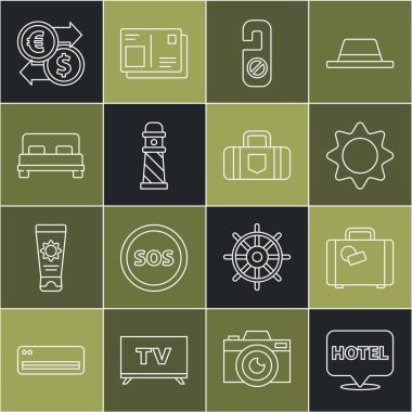 Hat konumu oteli, bavul, güneş lütfen rahatsız etmeyin, deniz feneri, büyük yatak, para değişimi ve ikon. Vektör
