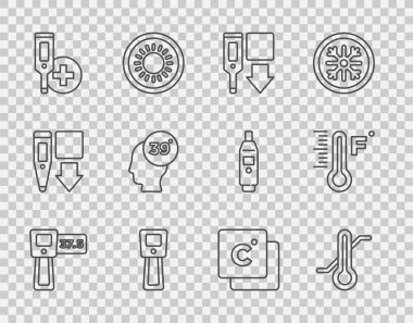 Hat dijital termometresi, meteoroloji, yüksek insan vücut ısısı, Celsius ve ikon ayarlayın. Vektör