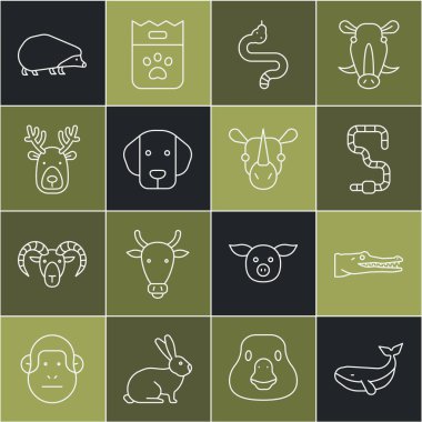 Balina, Timsah, Solucan, Yılan, Köpek boynuzlu Geyik kafası, Kirpi ve Gergedan ikonu. Vektör